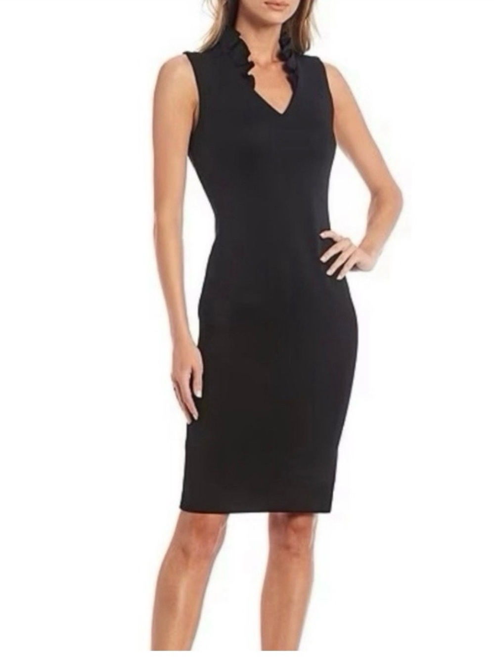 Calvin Klein Size 2 Black Scuba Sleeveless Ruffle Collar Sheath Bodycon Dress